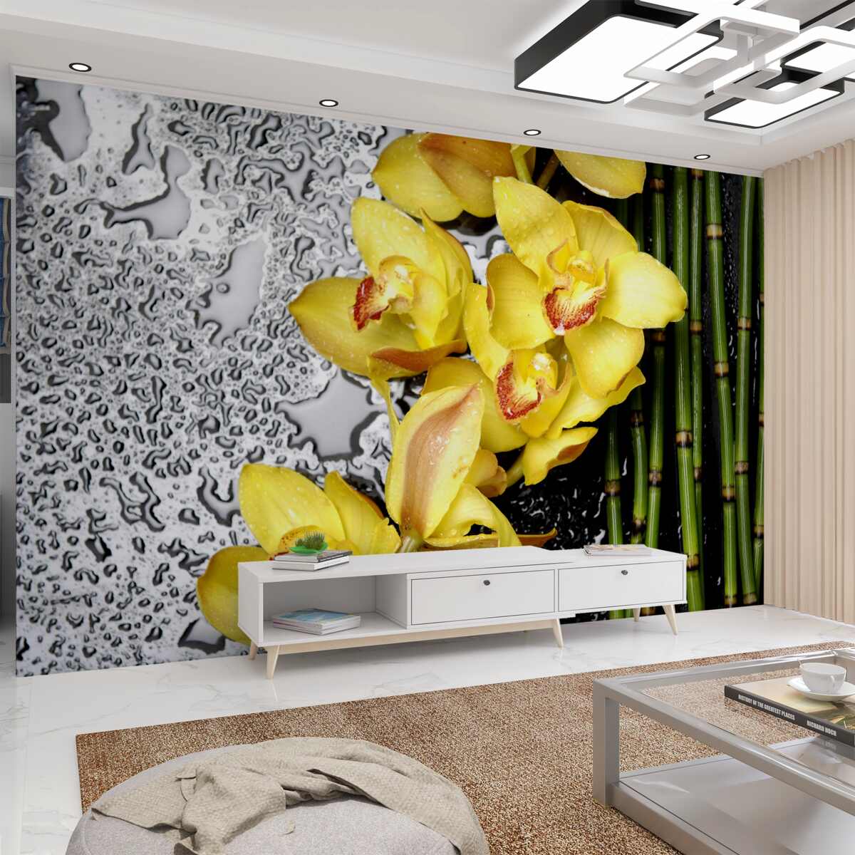 Fototapeta żółta orchidea na kamieniu w pobliżu bambusa