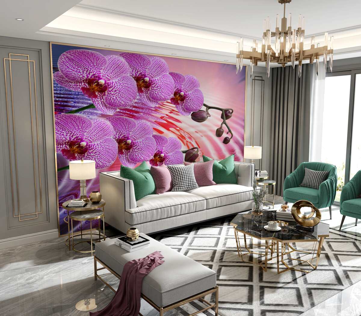 Fototapeta gałęzie liliowej orchidei lamparta w odbiciu
