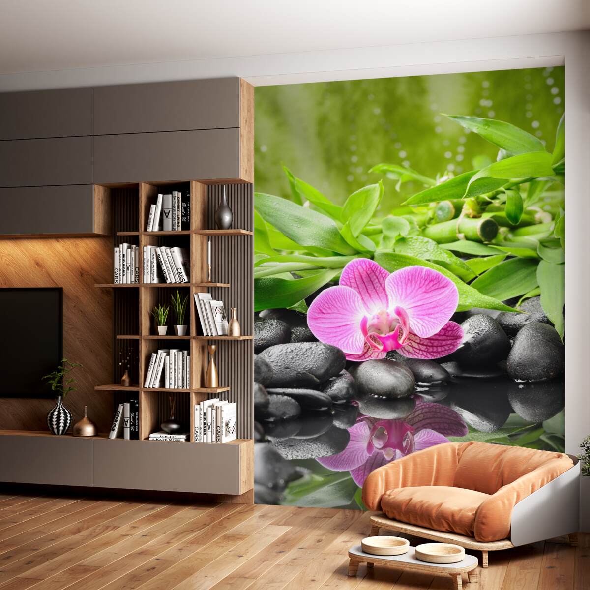Fototapeta piękna orchidea na czarnym kamieniu w pobliżu wody