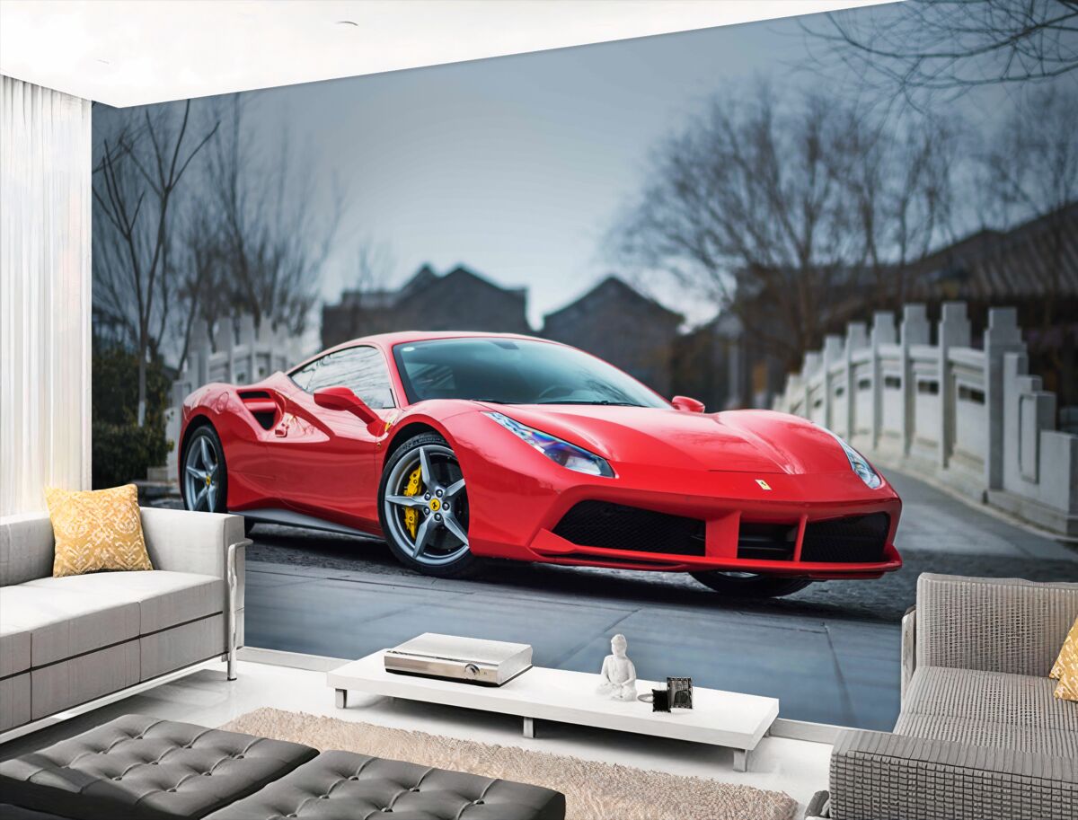 Fototapeta Jasnoczerwone Ferrari w deszczowy dzień