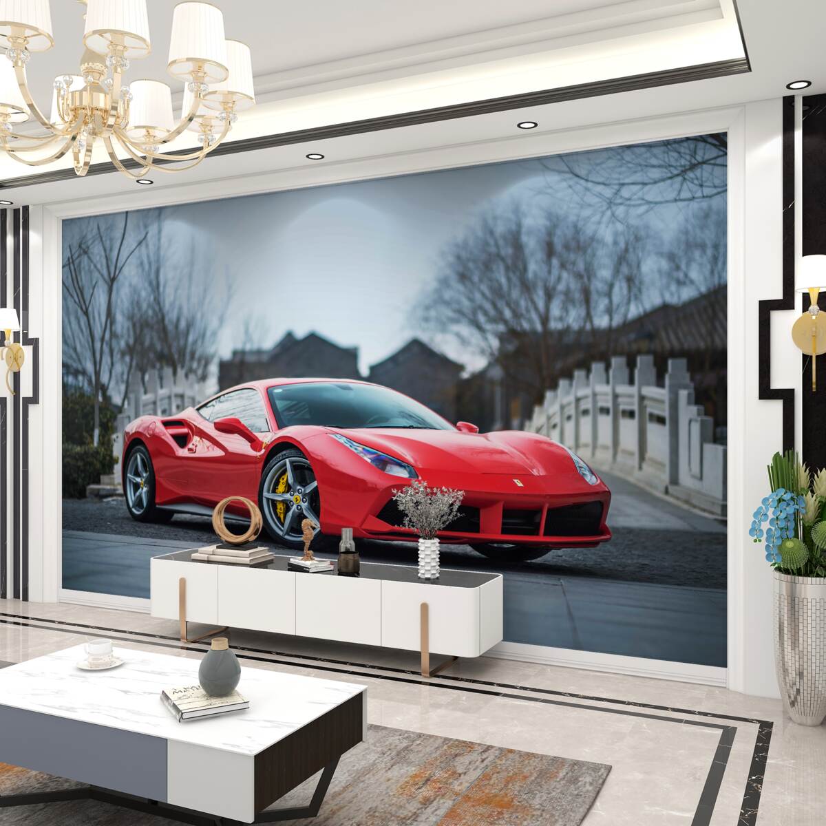 Fototapeta Jasnoczerwone Ferrari w deszczowy dzień