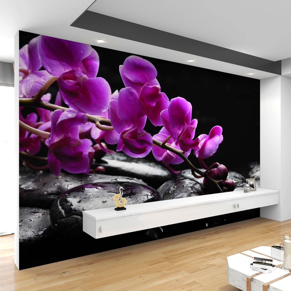 Fototapeta czarny kamień z gałązką liliowych orchidei