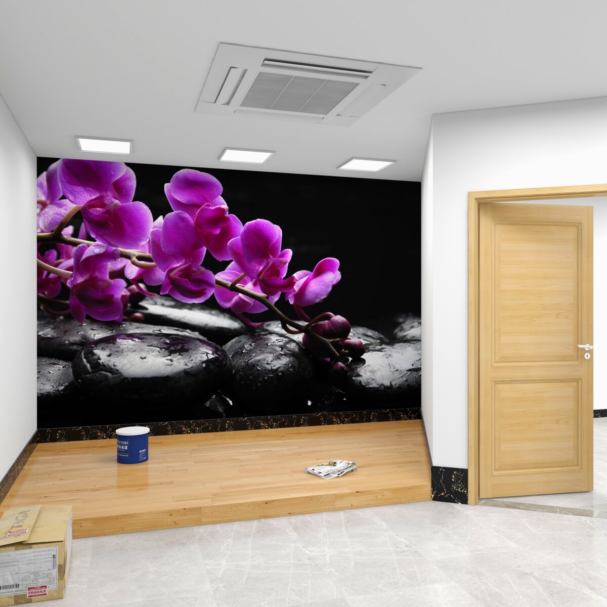 Fototapeta czarny kamień z gałązką liliowych orchidei