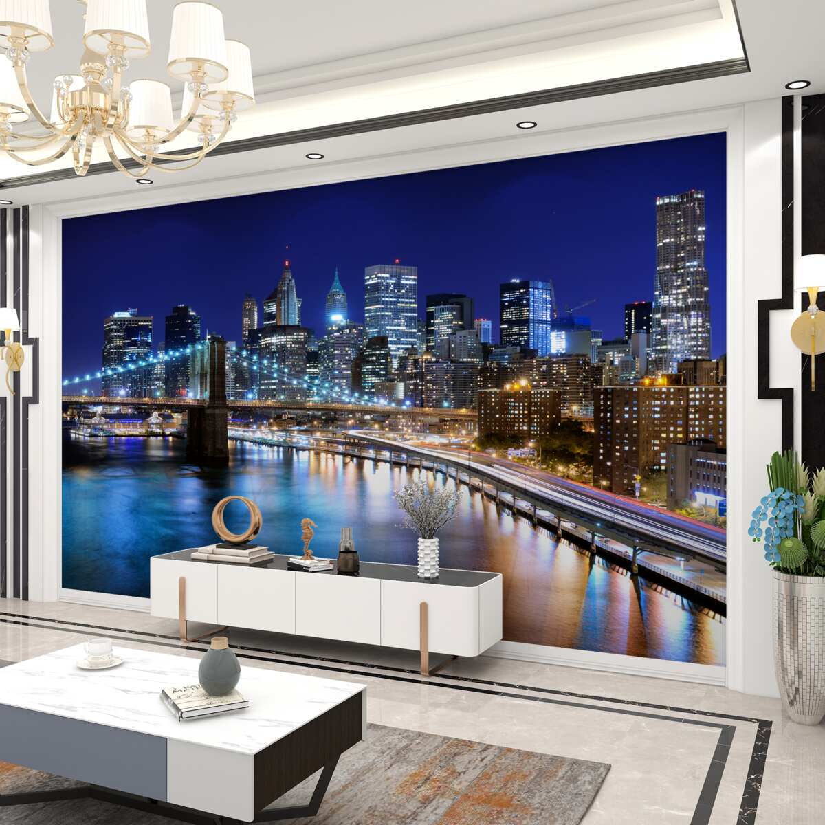 Fototapeta Molo na Manhattanie w nocy jest oświetlone