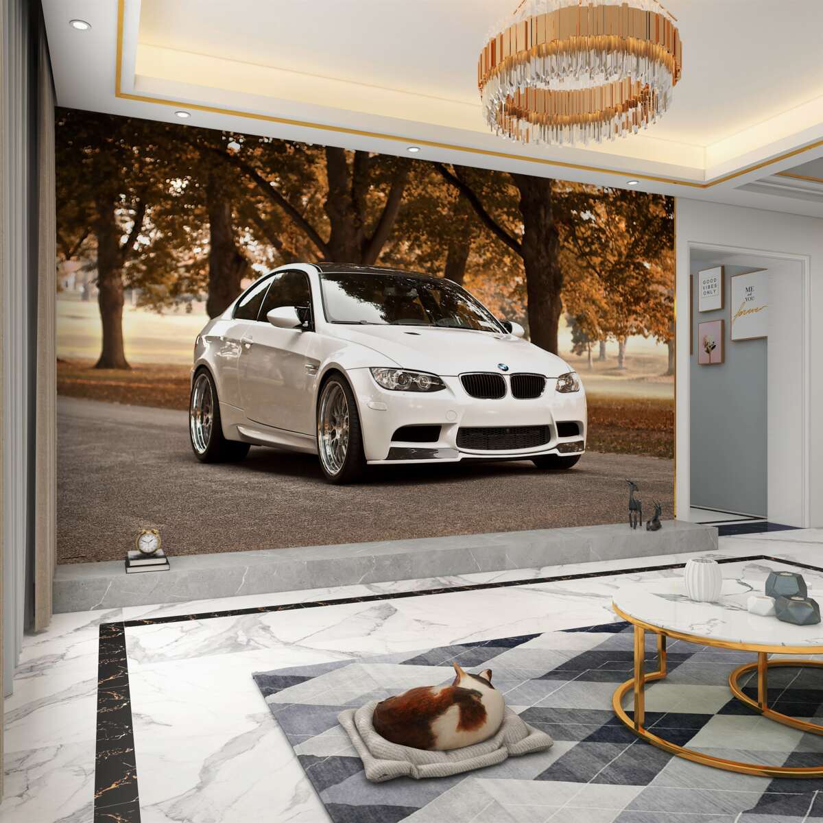 Fototapeta Białe BMW na drodze jesienią