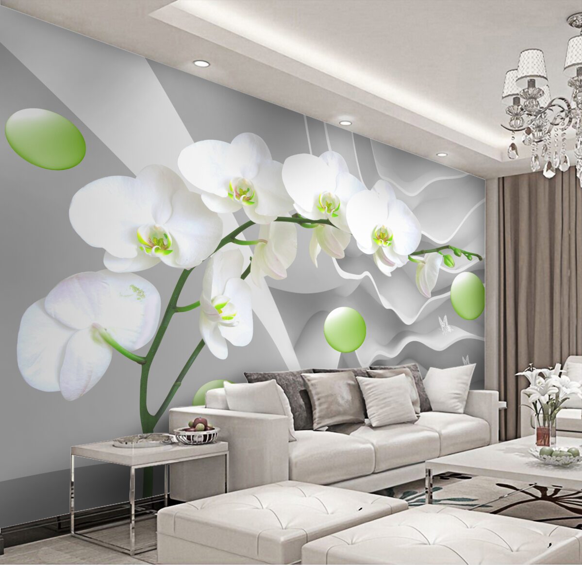 Fototapeta biała orchidea i pływające zielone kulki