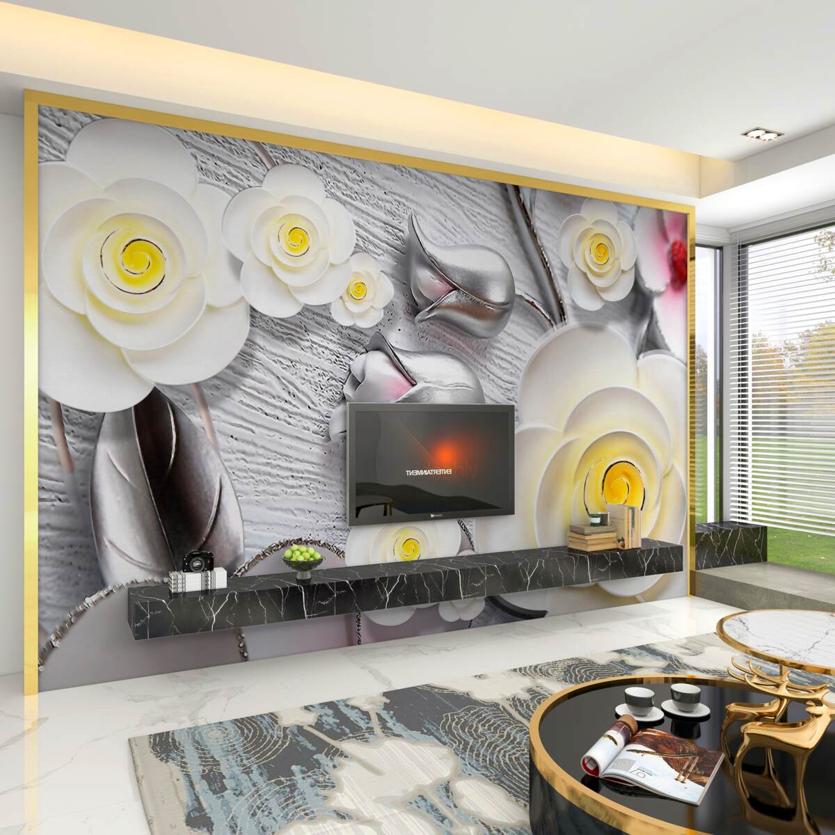 Fototapeta białe kwiaty z żółtym środkiem i porcelaną
