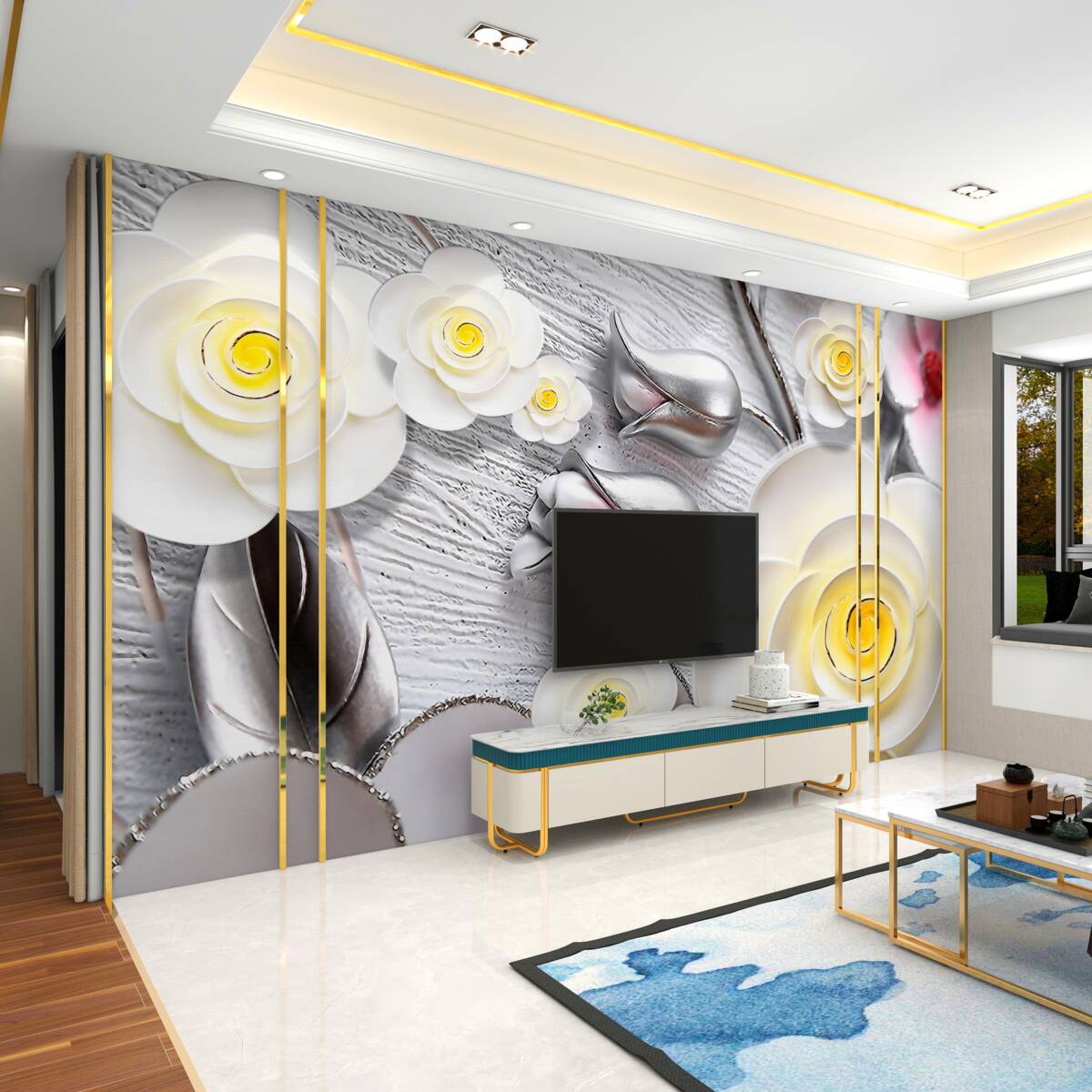 Fototapeta białe kwiaty z żółtym środkiem i porcelaną
