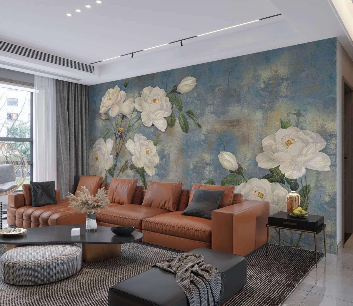 Fototapeta gałęzie białych róż na niebieskim tle