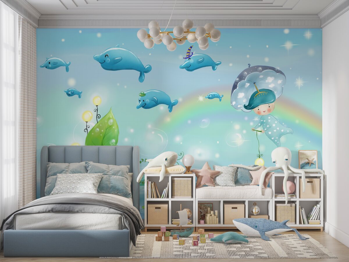 Fototapeta Dziecko z parasolką leci z delfinami nad wodą