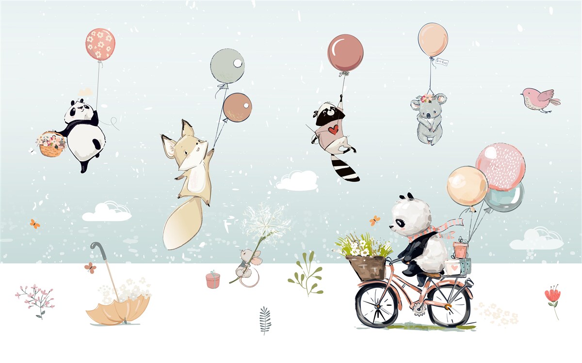 Fototapeta Panda na rowerze i zwierzęta z balonami