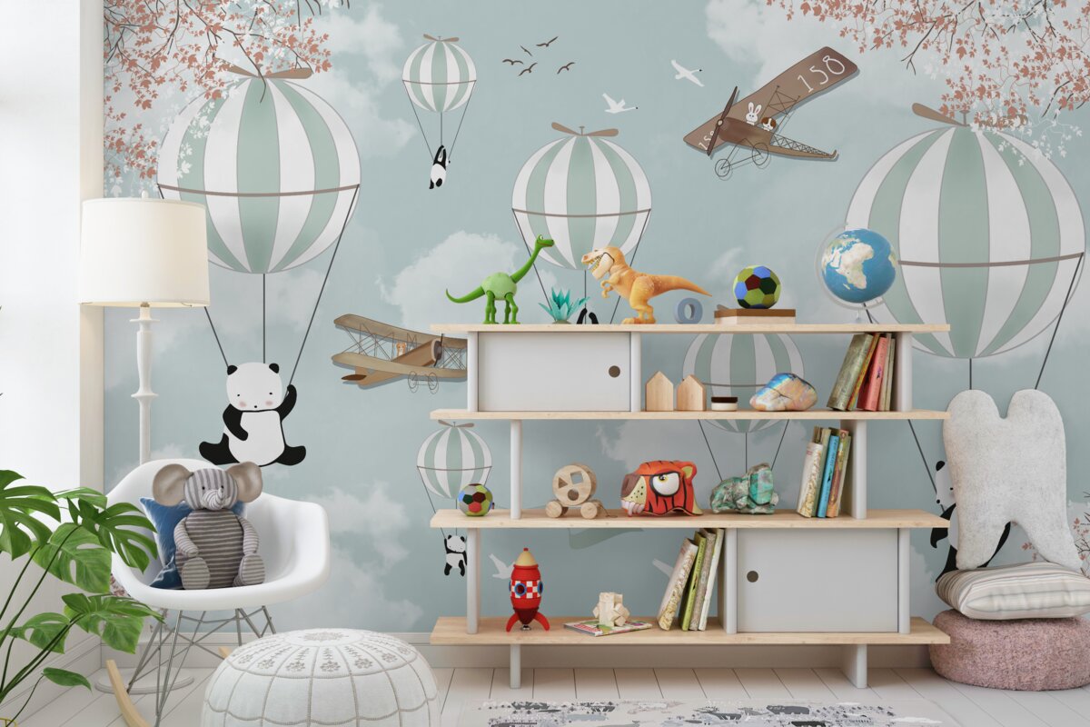 Fototapeta Panda wzbija się w niebo balonami na ogrzane powietrze
