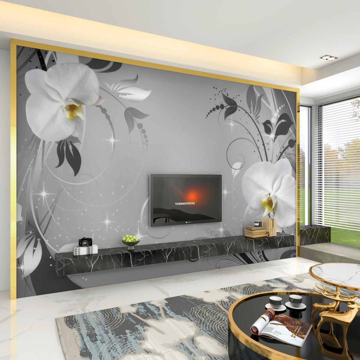 Fototapeta białe orchidee i szare liście