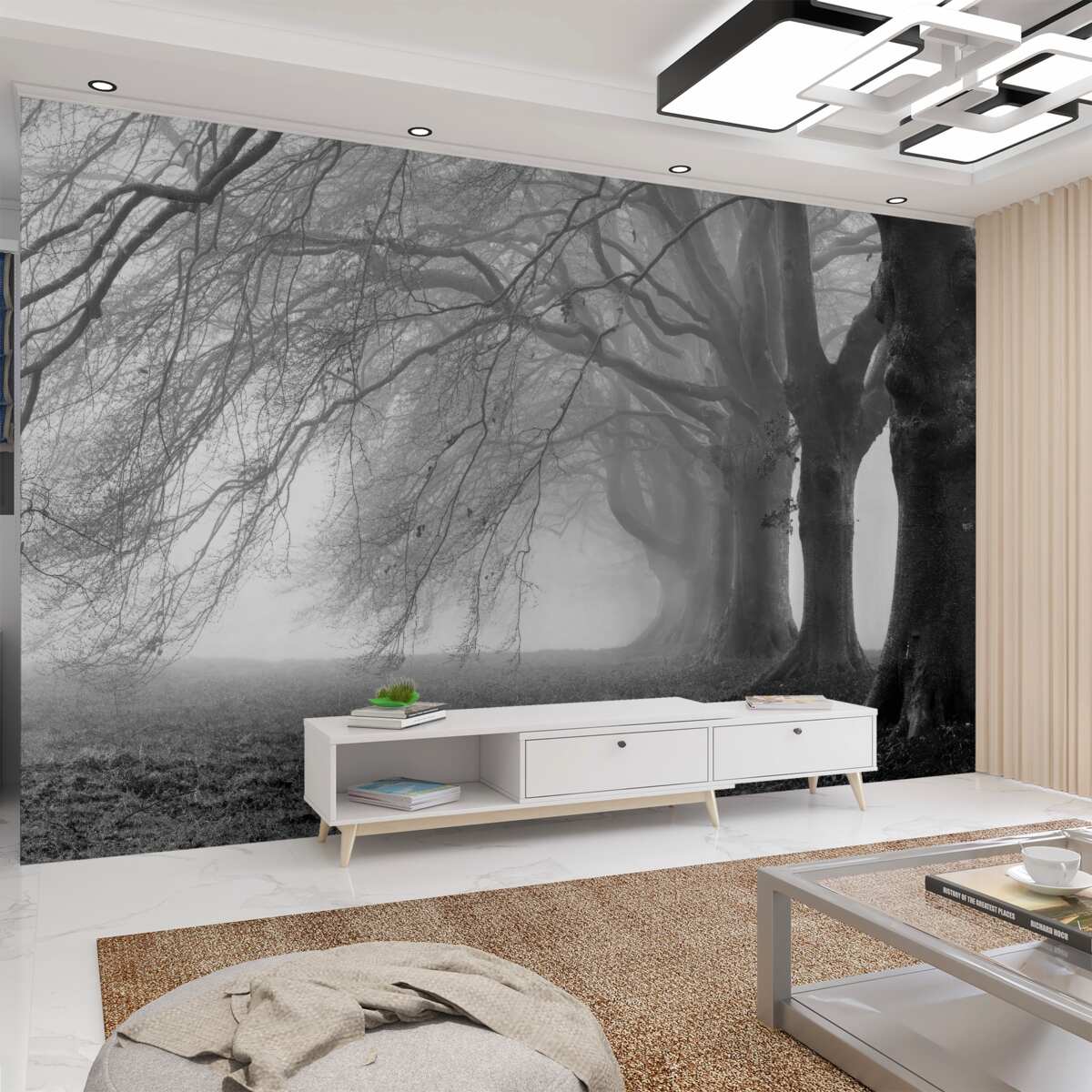 Fototapeta drzewa w mglistym lesie