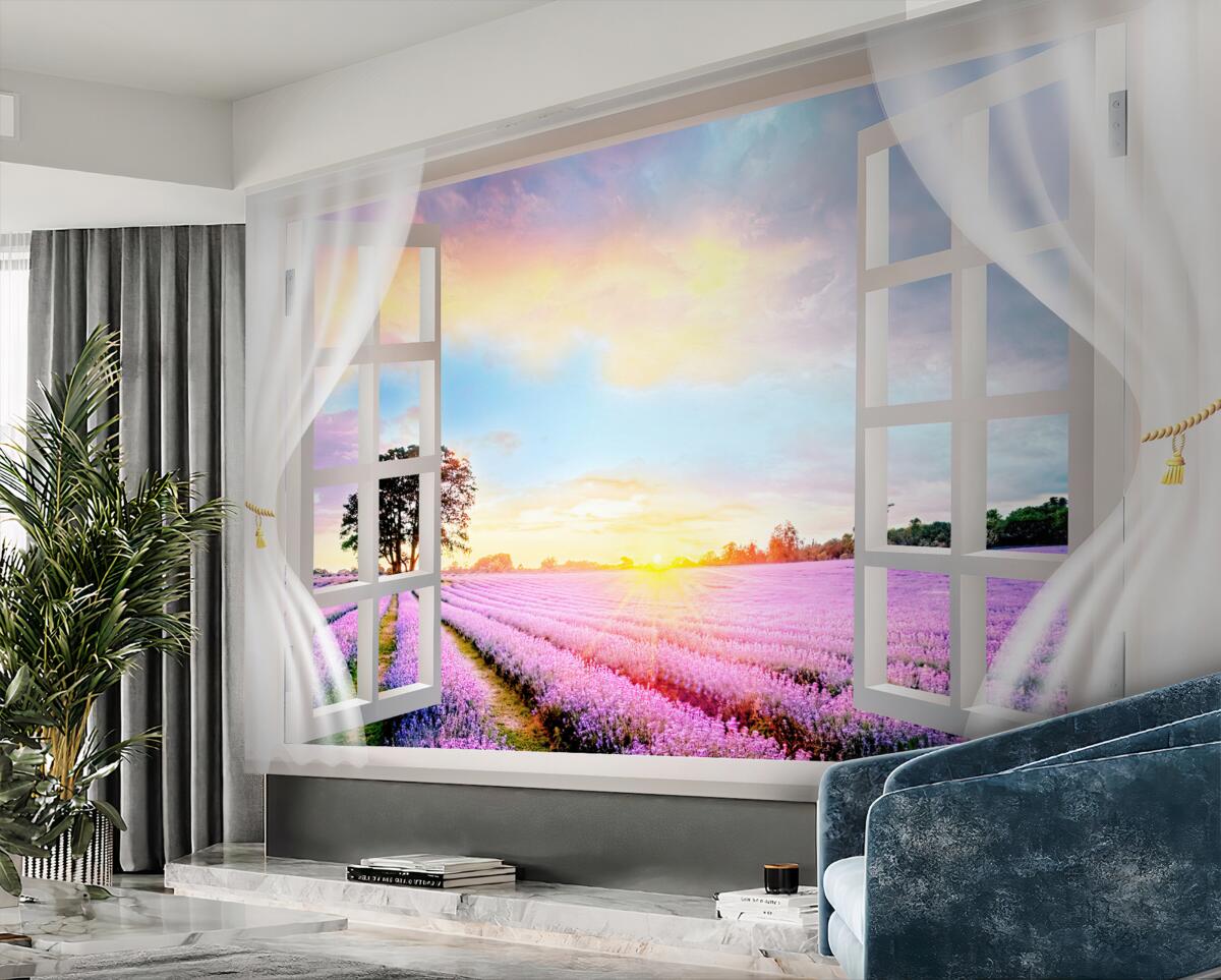 Fototapeta widok z okna na pole lawendy