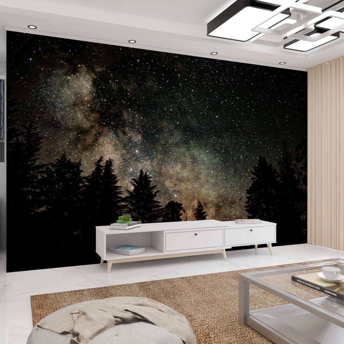 Fototapeta nocny las i gwiaździste niebo