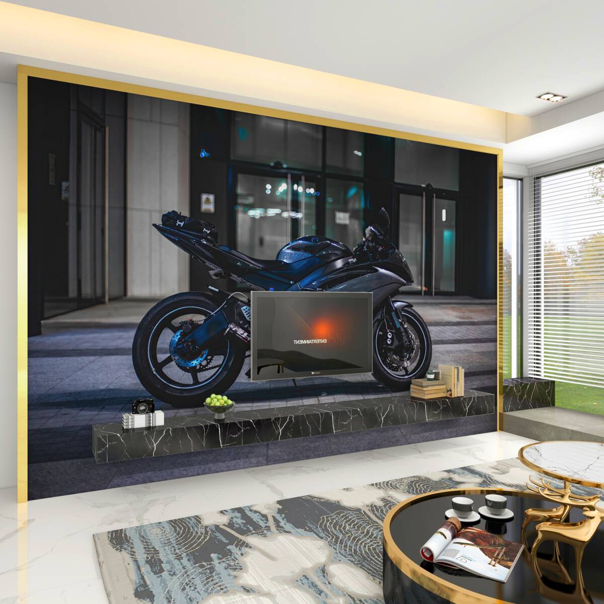 Fototapeta ciemnoniebieski zaparkowany motocykl