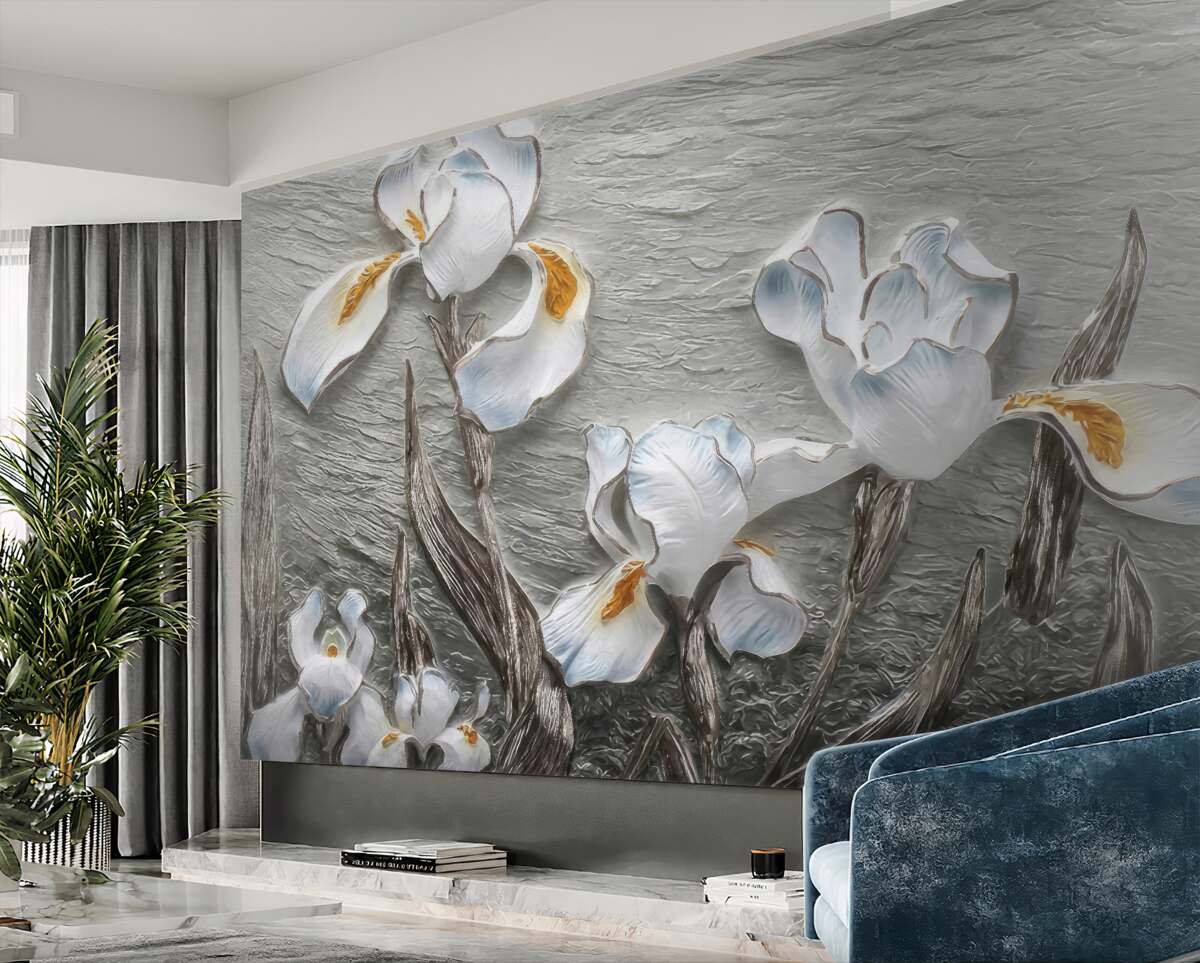 Fototapeta trójwymiarowe kwiaty pomalowane na biało