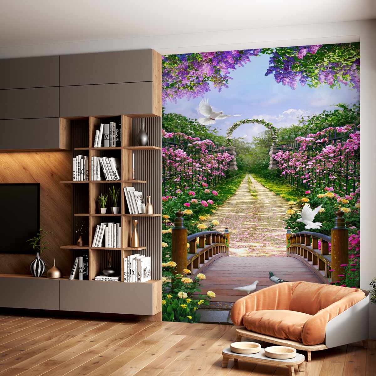 Fototapeta most prowadzący do ogrodu kwiatowego