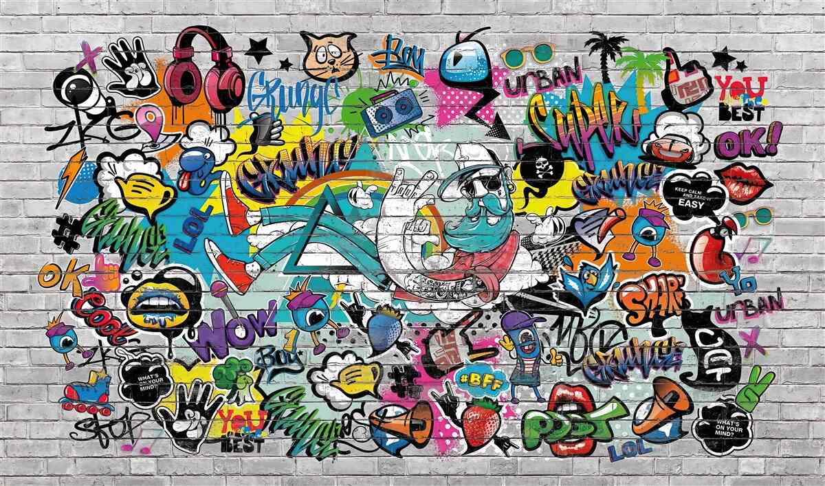 Fototapeta Mur z cegieł z kolorowymi graffiti