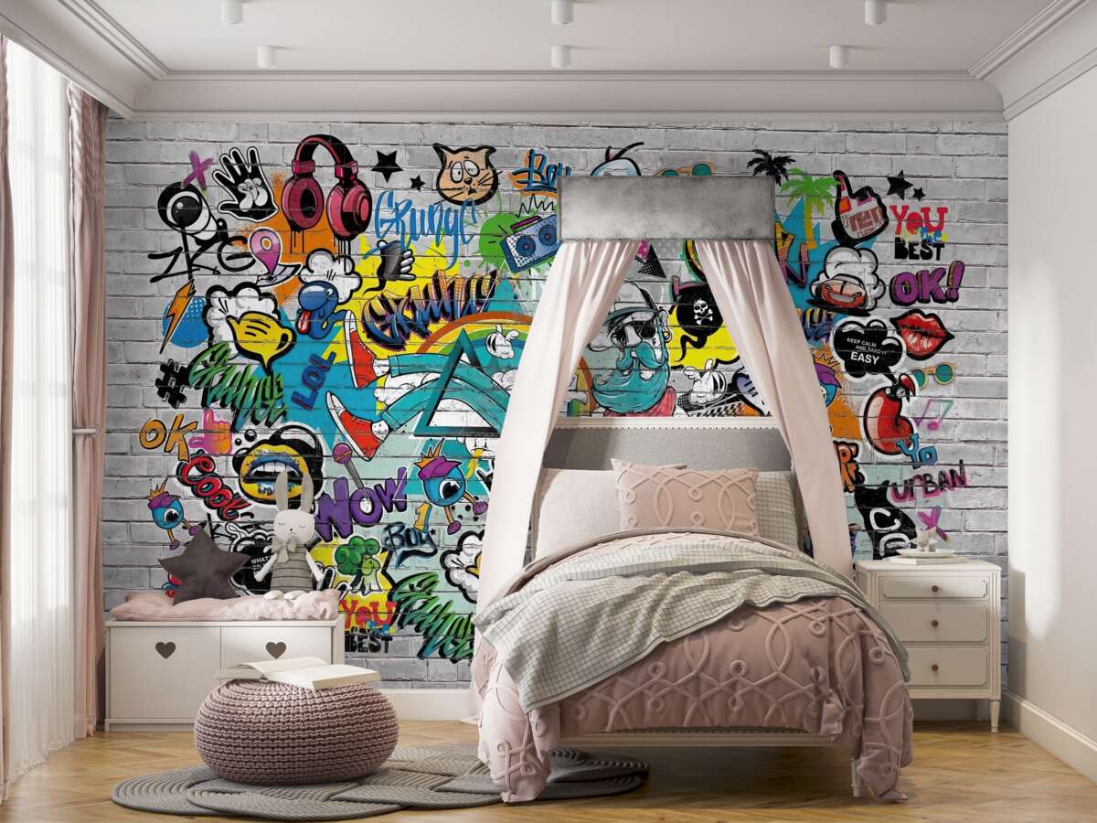 Fototapeta Mur z cegieł z kolorowymi graffiti