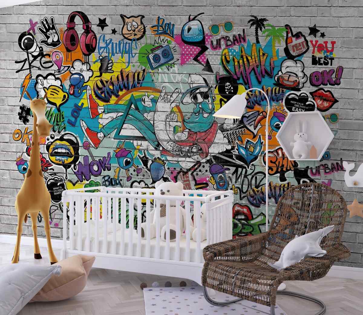 Fototapeta Mur z cegieł z kolorowymi graffiti