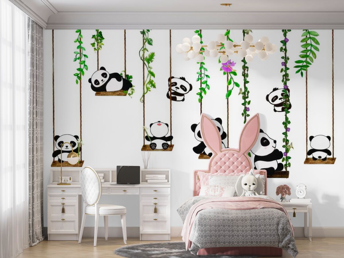 Fototapeta Panda jeździ na zielonej huśtawce