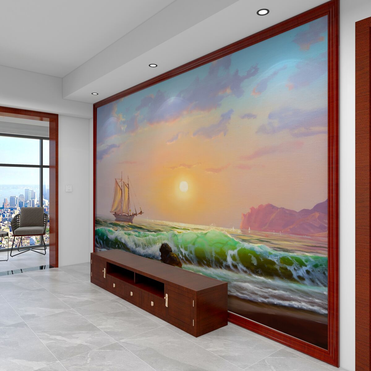 Fototapeta Statek płynie w stronę zachodzącego słońca