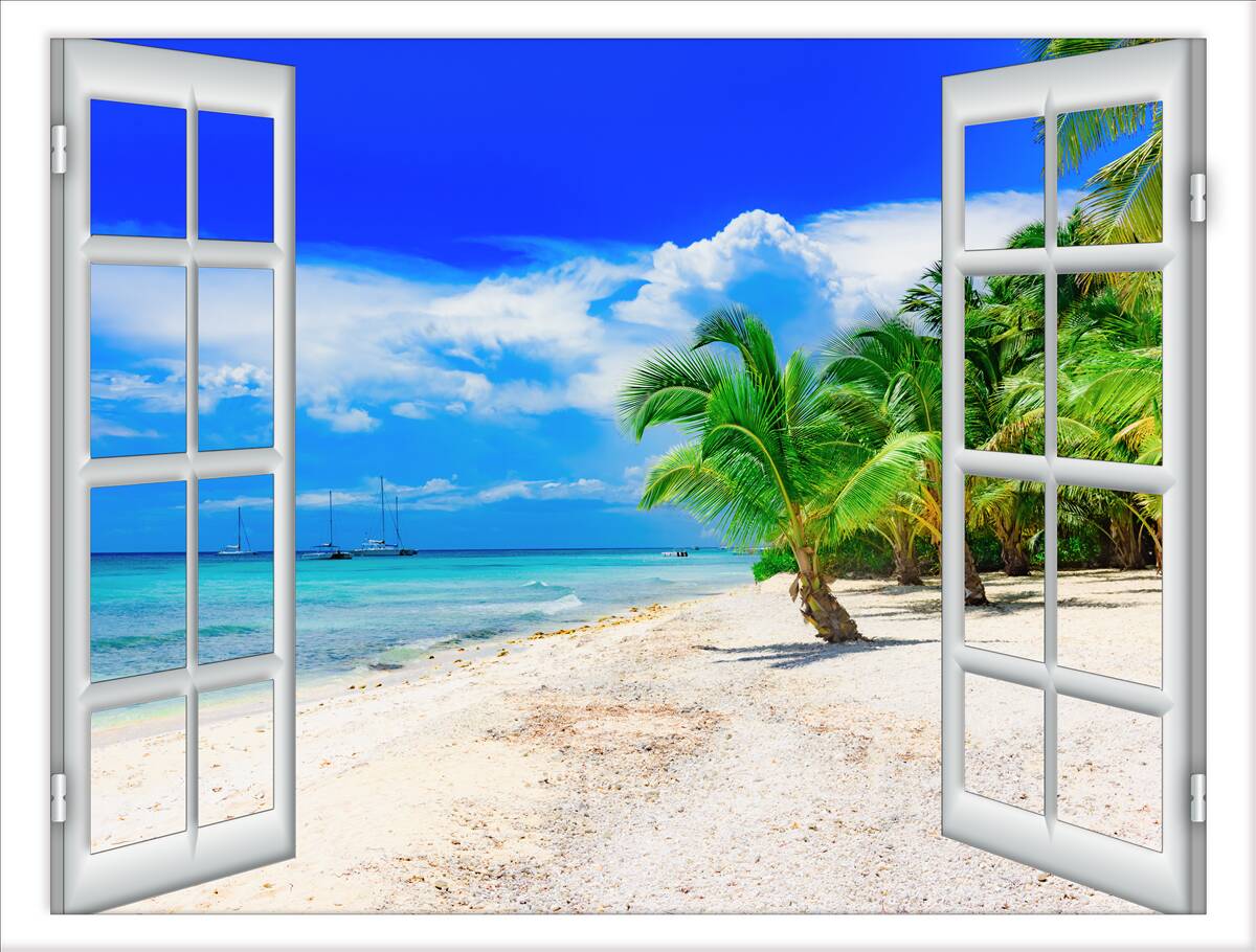 Fototapeta okno prowadzące na piaszczystą plażę