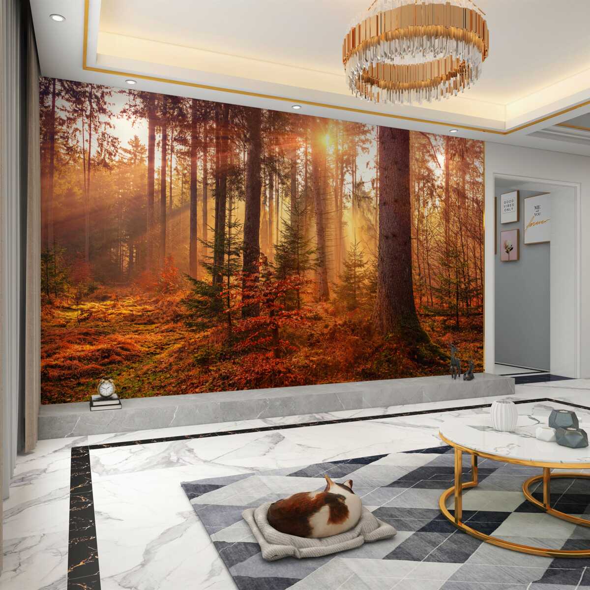 Fototapeta jesienny las i promienie słońca