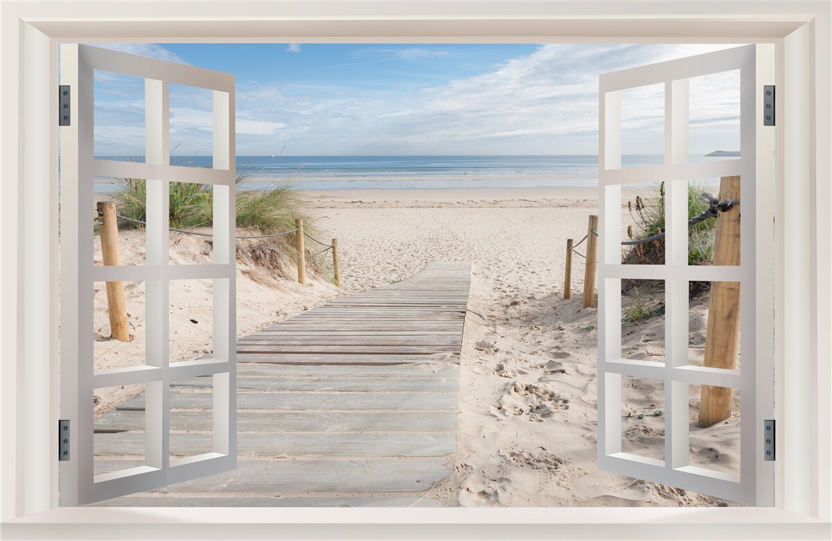 Fototapeta otwarte okno z widokiem na ocean i plażę