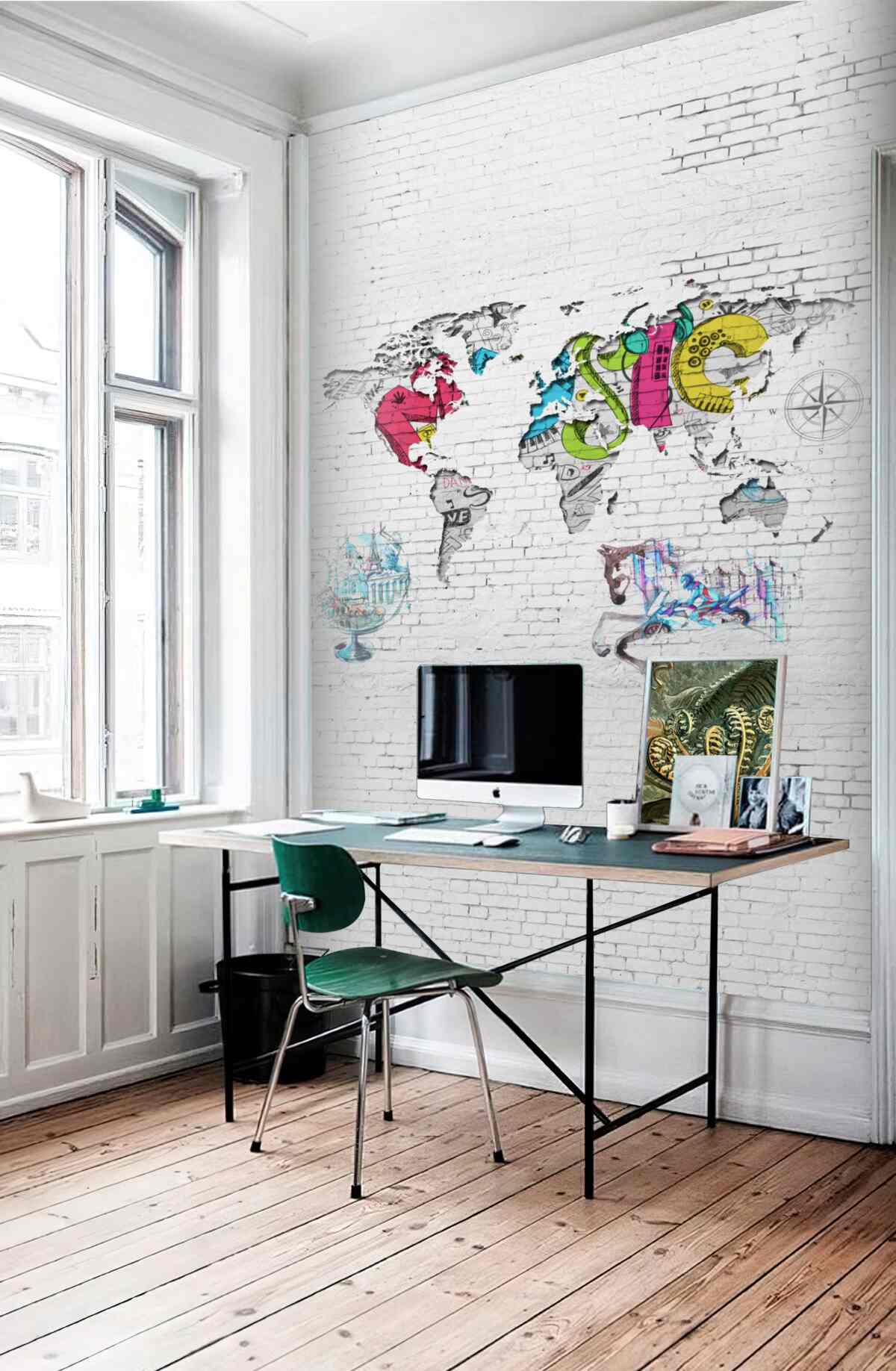 Fototapeta wielobarwna mapa świata na białym murze