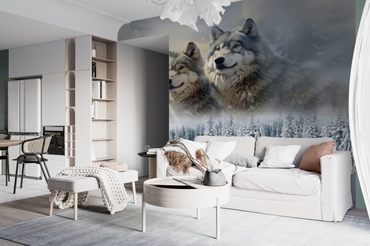 Fototapeta Dwa wilki na tle ośnieżonych jodeł