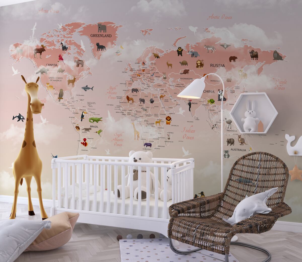 Fototapeta Mapa świata z imionami i różowymi zwierzętami