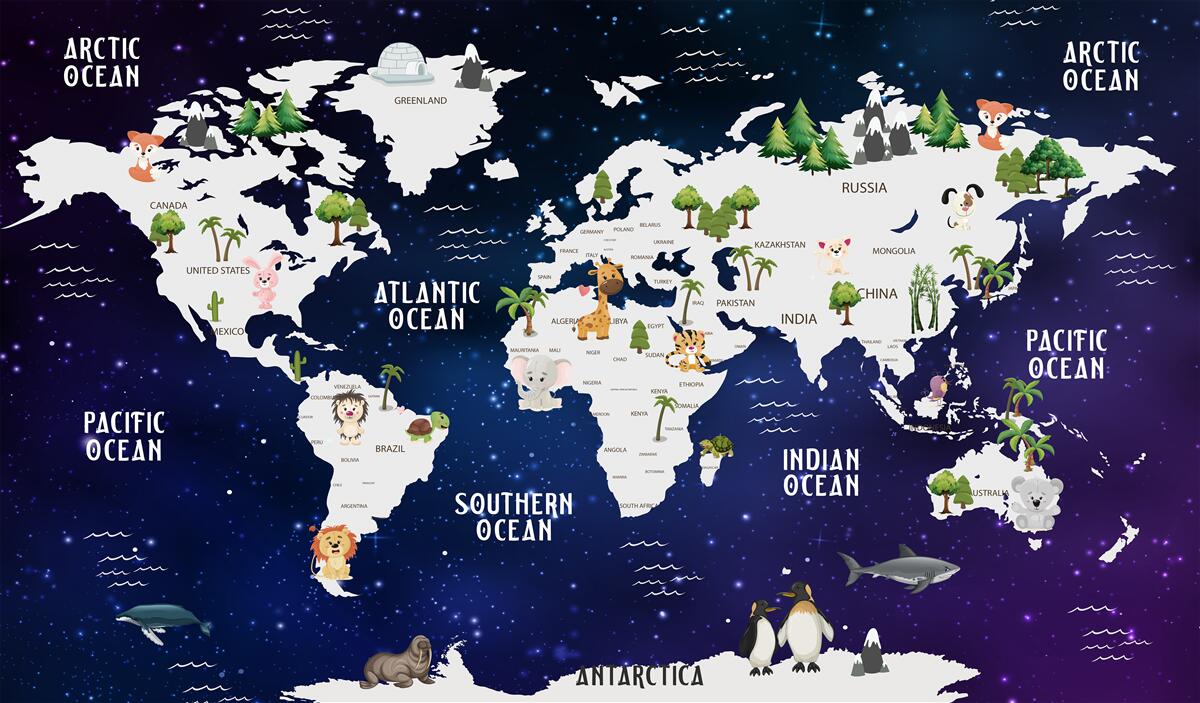Fototapeta Nocna mapa świata z nazwami oceanów