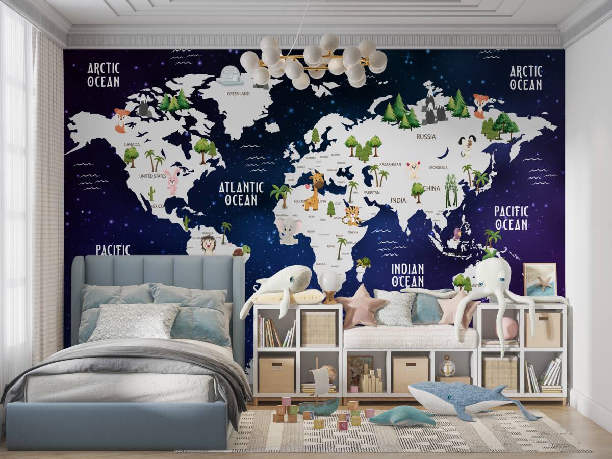 Fototapeta Nocna mapa świata z nazwami oceanów