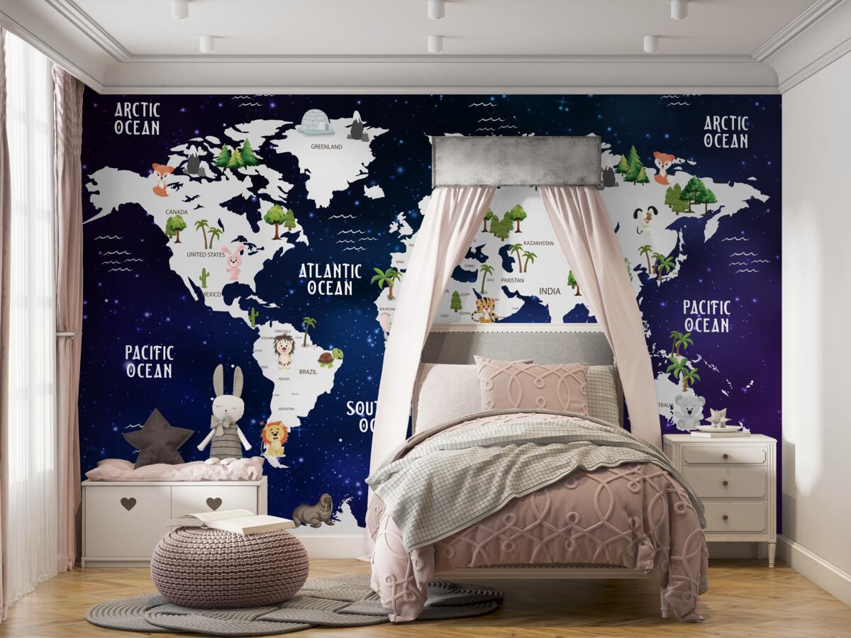 Fototapeta Nocna mapa świata z nazwami oceanów