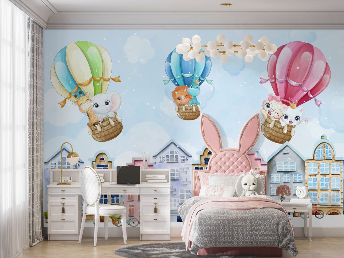 Fototapeta Nad miastem latają balonowe zwierzęta