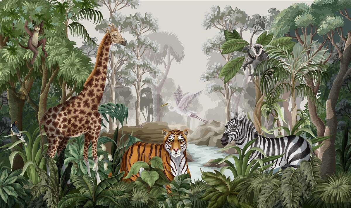 Fototapeta Tygrysia żyrafa i zebra w dżungli