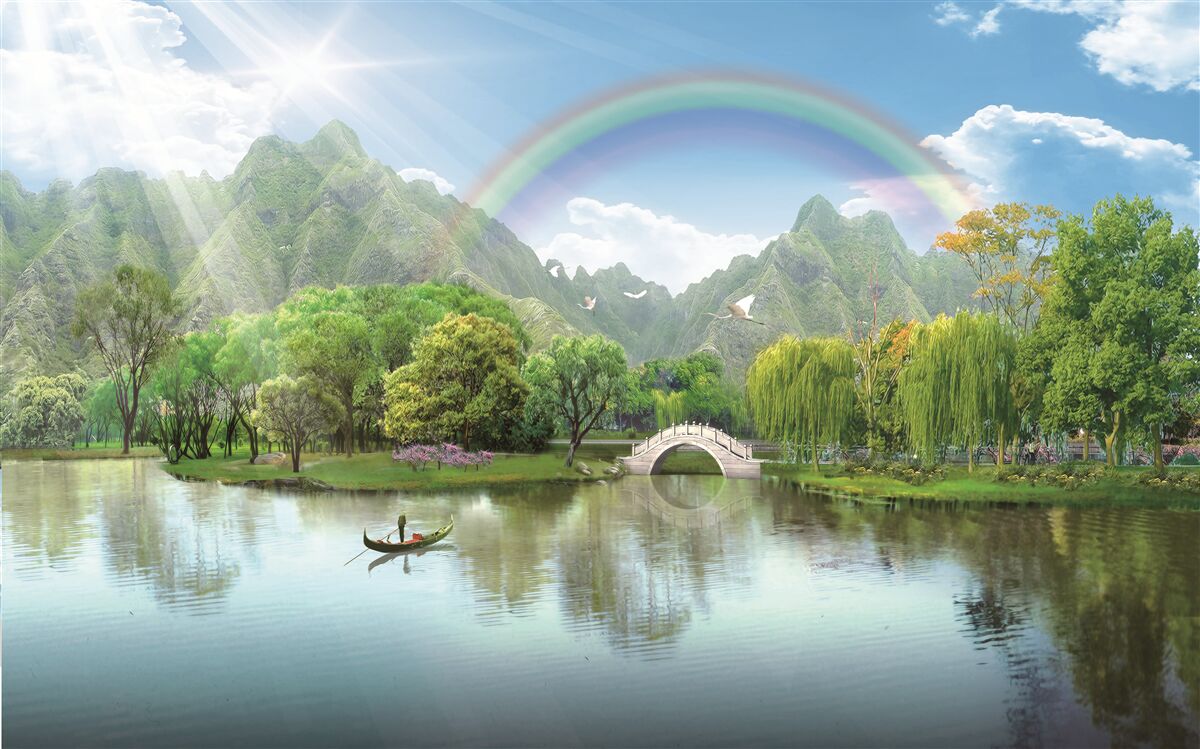 Fototapeta Tęcza nad górskim jeziorem w Japonii