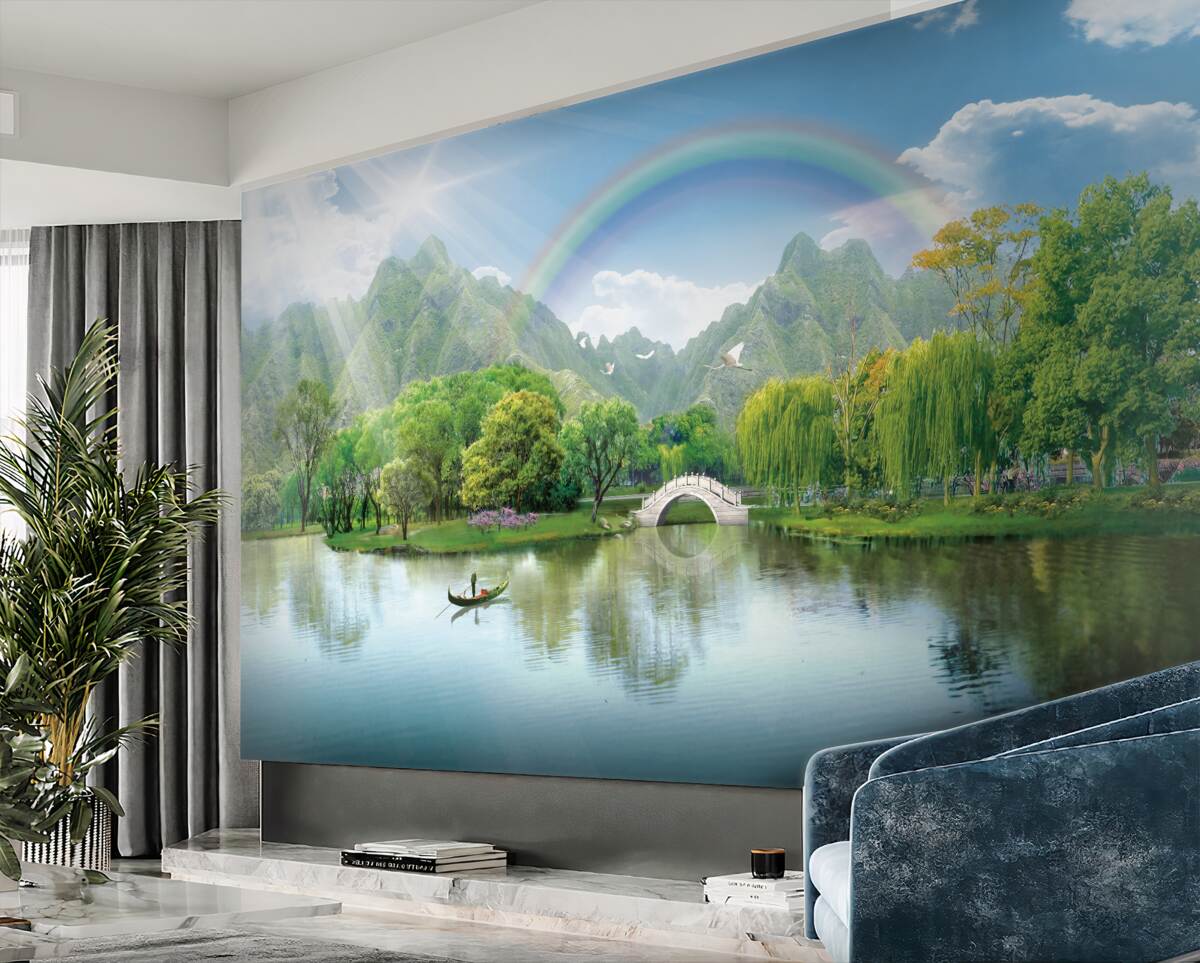 Fototapeta Tęcza nad górskim jeziorem w Japonii