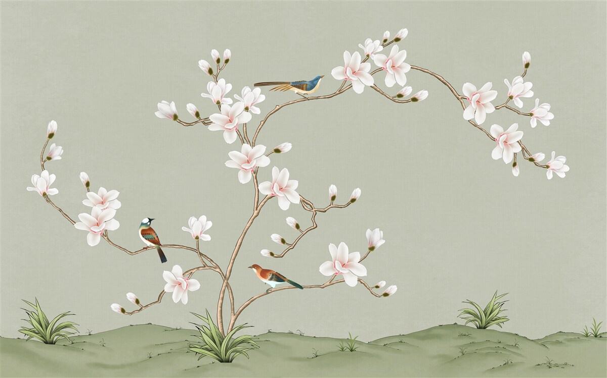 Fototapeta Cienkie drzewo z kwiatami i ptakami