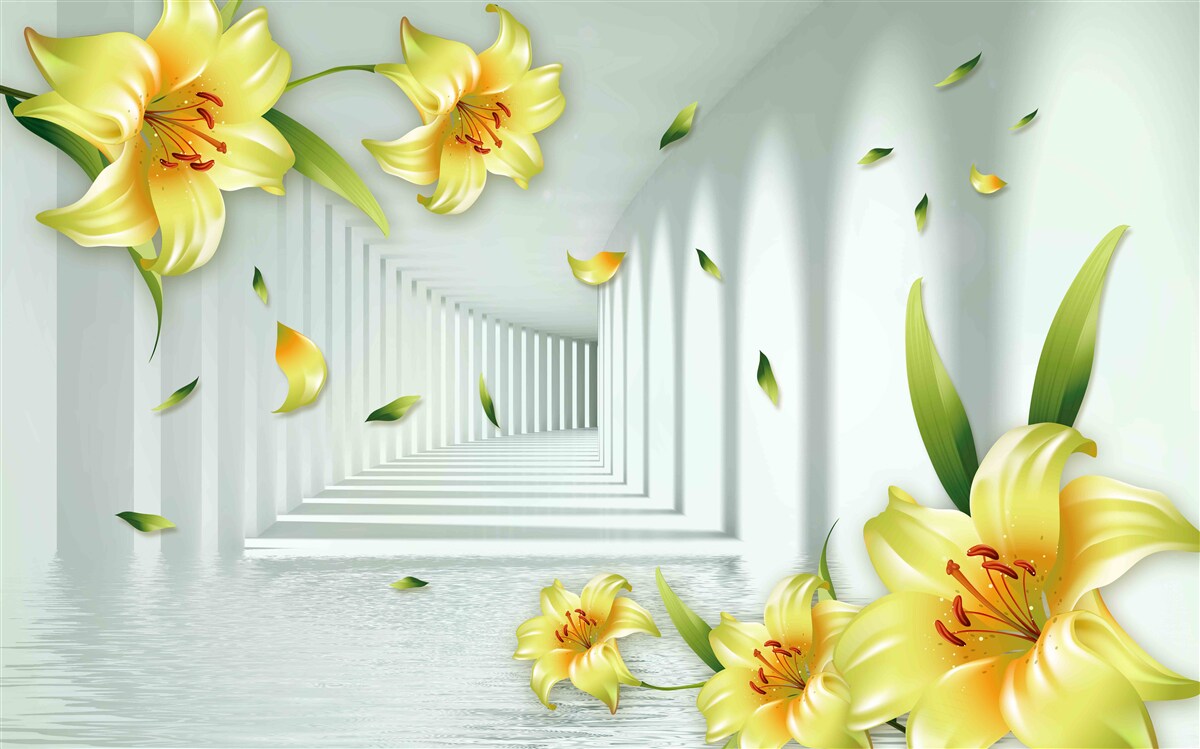 Fototapeta Tunel 3D z żółtymi liliami