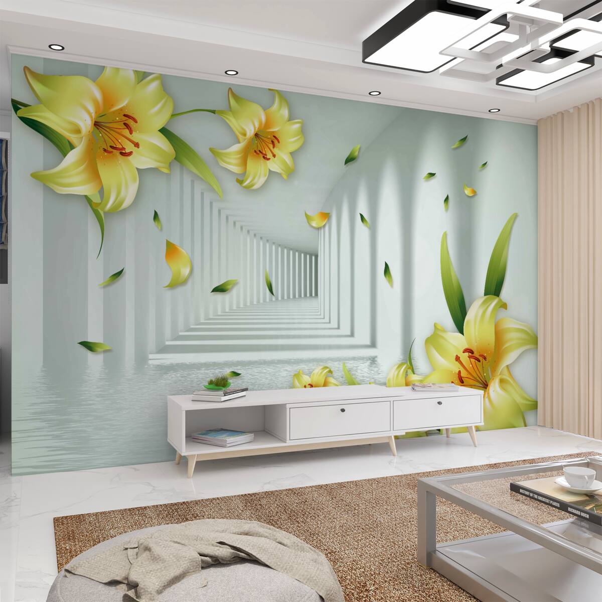 Fototapeta Tunel 3D z żółtymi liliami