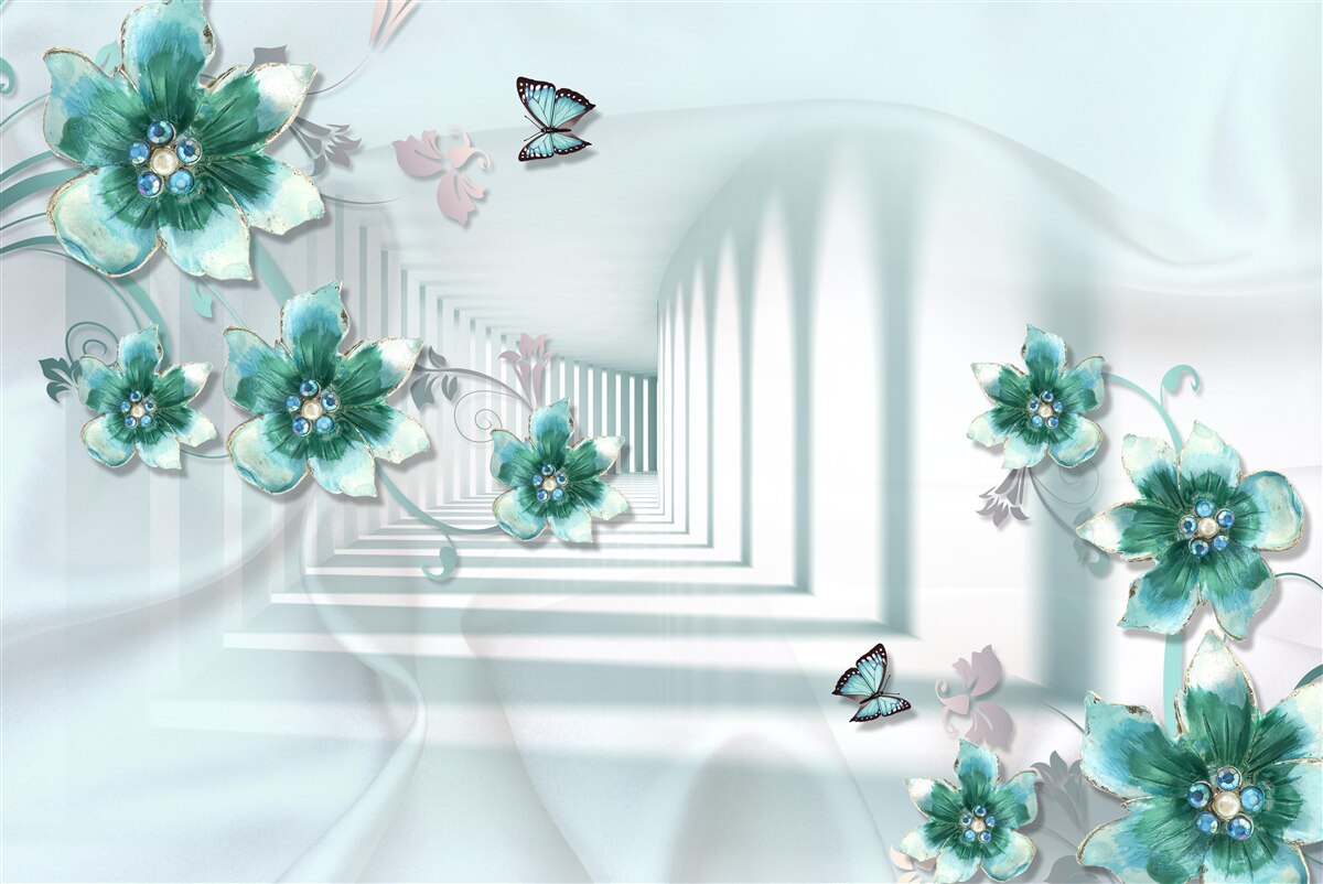 Fototapeta Tunel 3D z zielonymi kwiatami