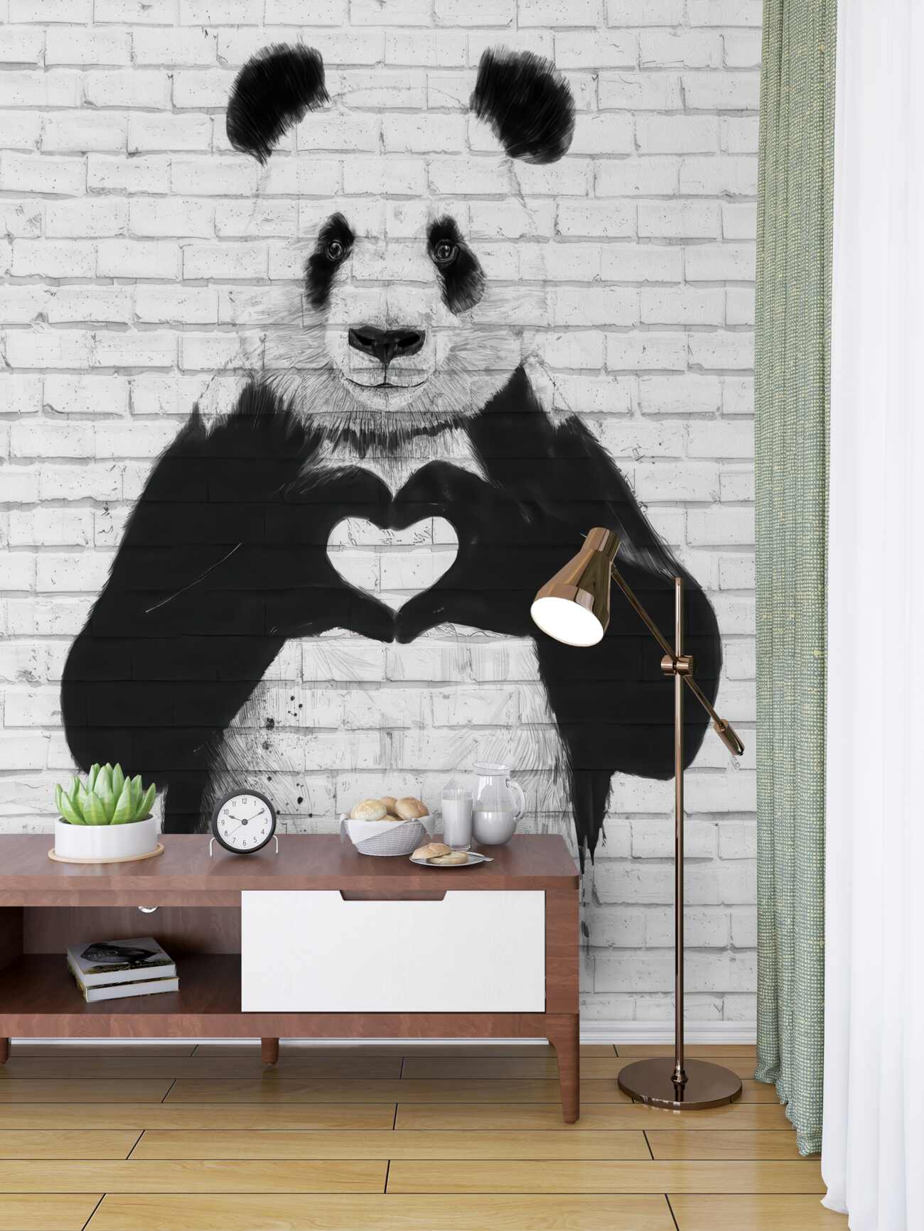 Fototapeta Sylwetka panda na ceglanej ścianie