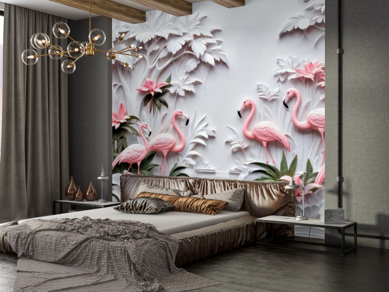 Fototapeta Tekstura Pink Flamingo i palmy za wodę