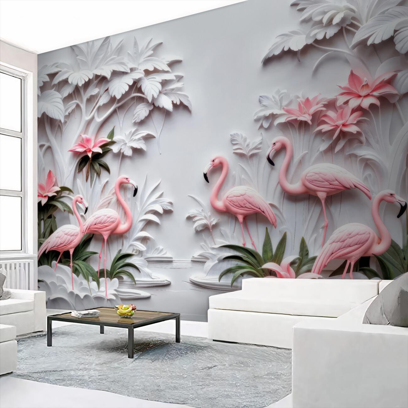 Fototapeta Tekstura Pink Flamingo i palmy za wodę