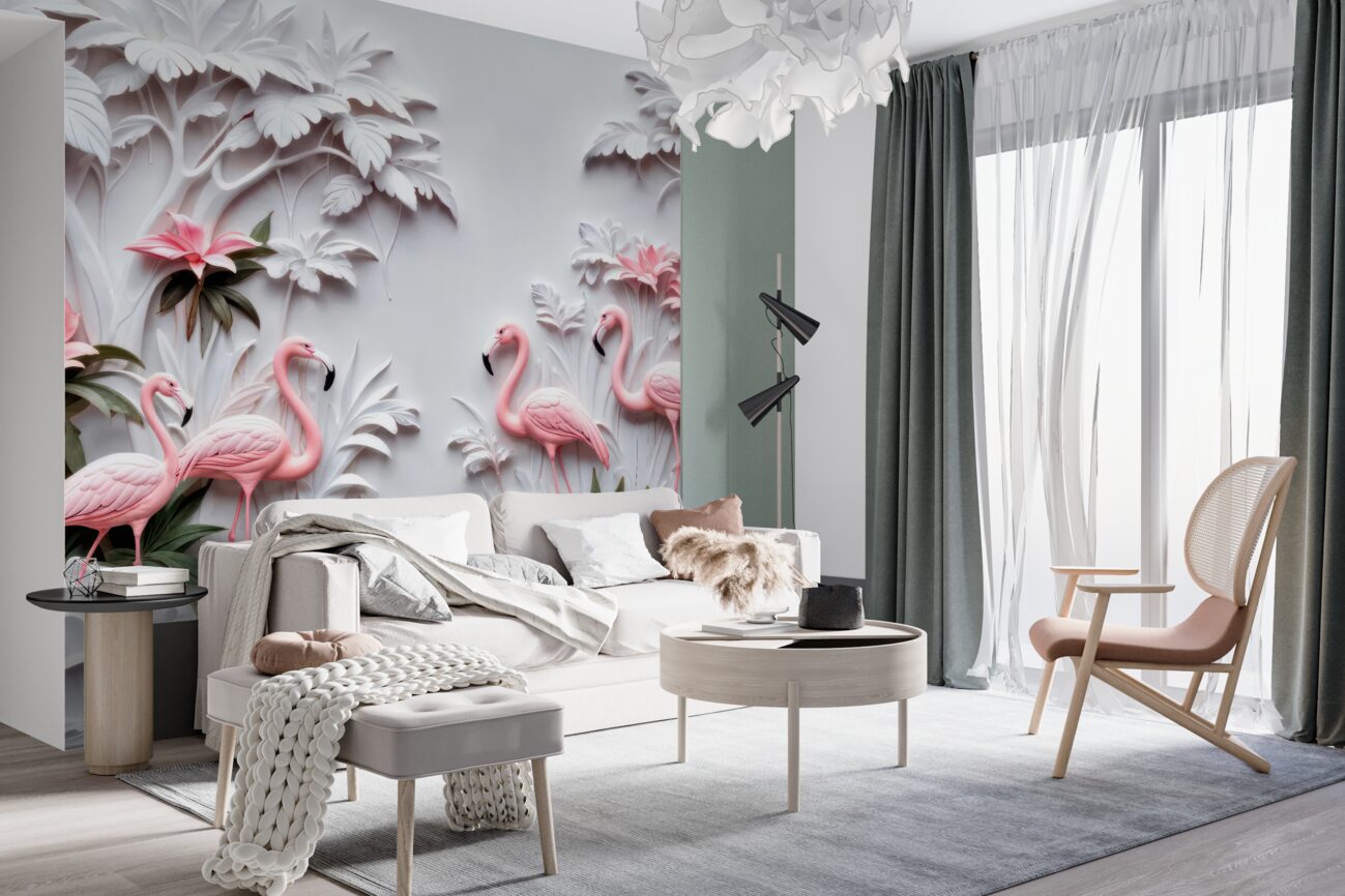 Fototapeta Tekstura Pink Flamingo i palmy za wodę