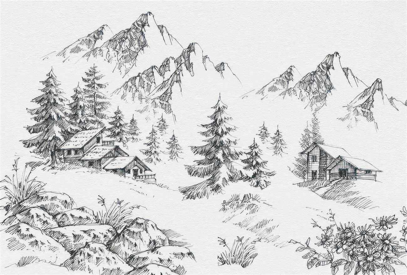 Fototapeta Ilustracja wioski w górach czarnych białych